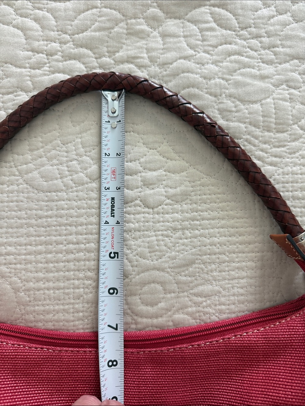 Fossil Red Canvas Hobo Shoulder Bag Braided Brown Leather Handle and zipper pull - Picture 15 of 15
